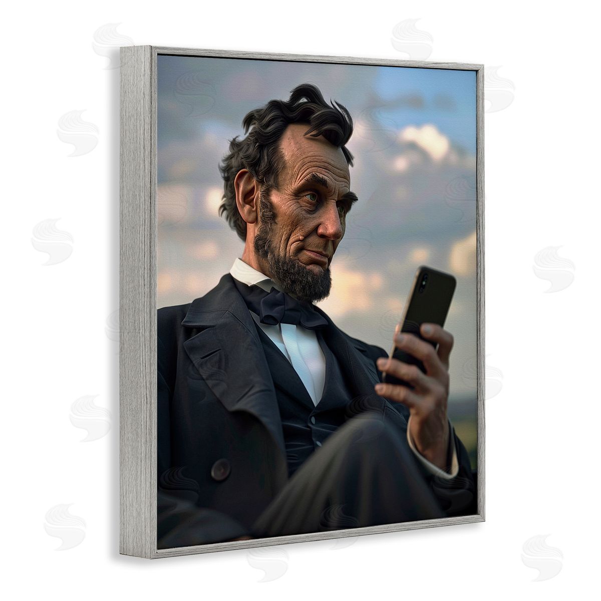 Abe Lincoln with Cellphone Grey Frame Print Wall Art, Home Decor by Michael McKinney