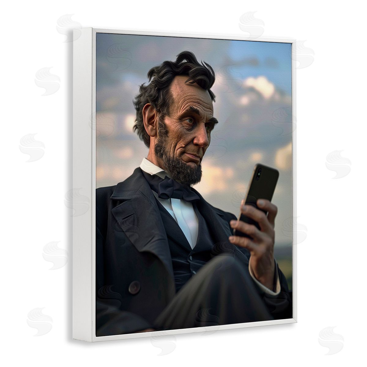 Abe Lincoln with Cellphone White Frame Print Wall Art, Home Decor by Michael McKinney