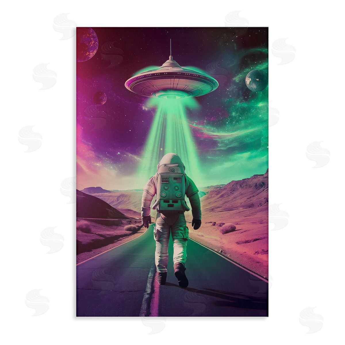 Astronaut Walking Toward UFO Canvas Wall Art, Home Decor by Wumples
