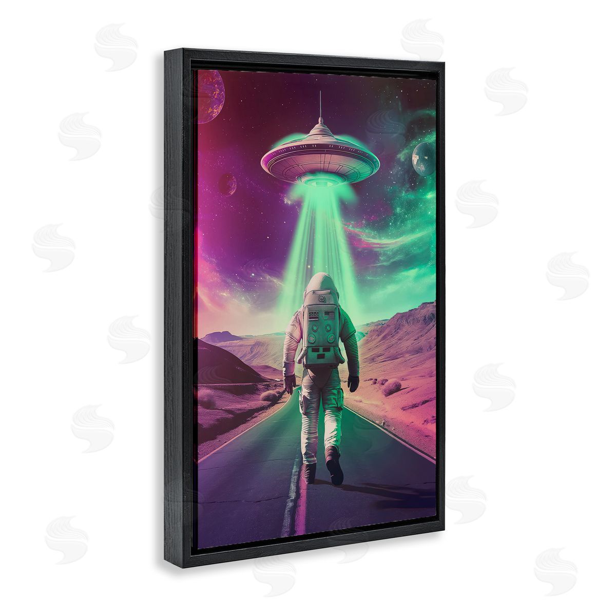 Astronaut Walking Toward UFO Black Floating Frame Canvas Wall Art, Home Decor by Wumples