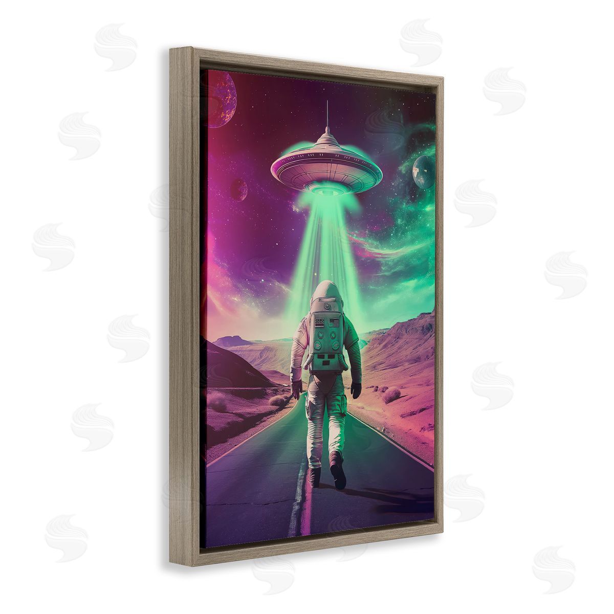 Astronaut Walking Toward UFO Brown Floating Frame Canvas Wall Art, Home Decor by Wumples