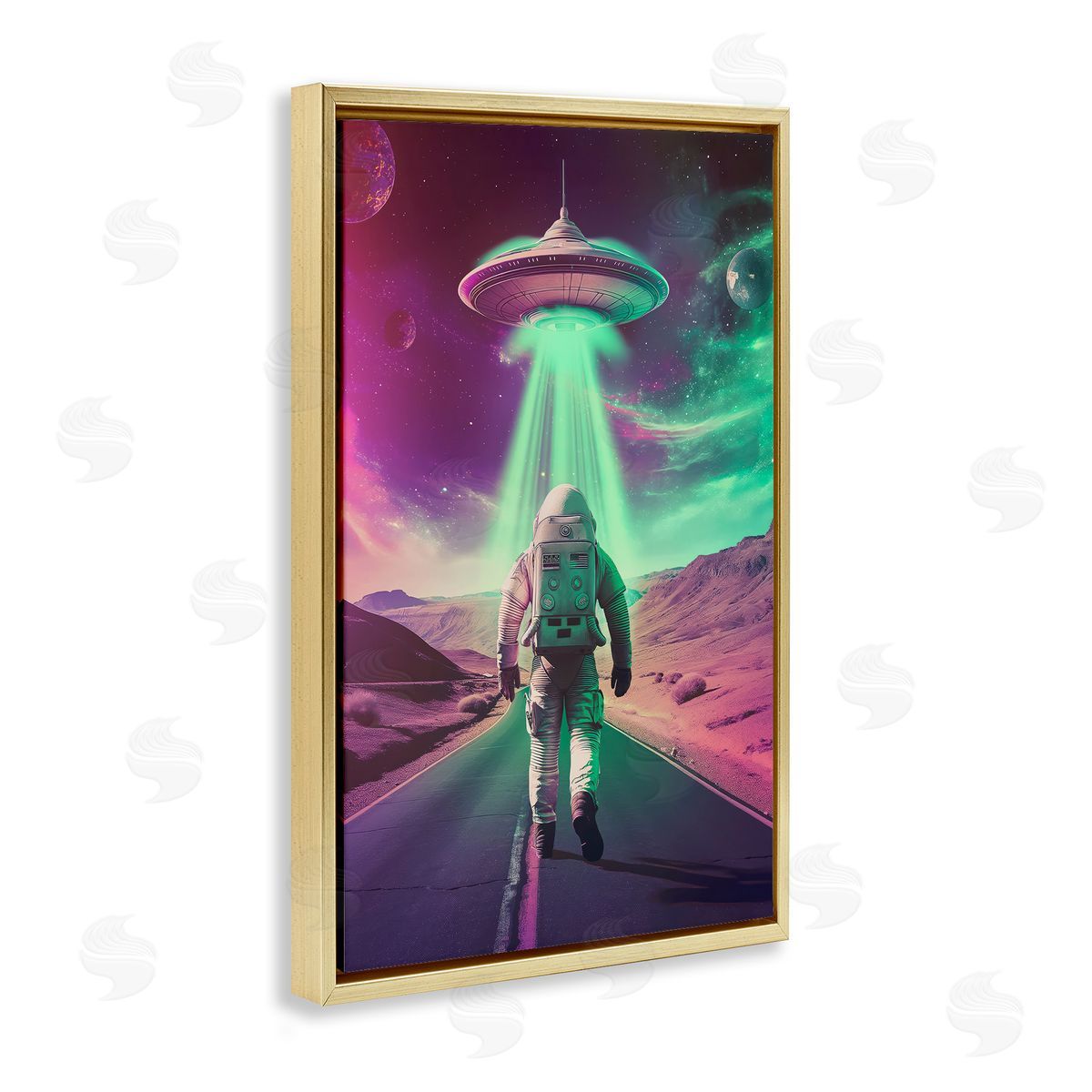 Astronaut Walking Toward UFO Gold Floating Frame Canvas Wall Art, Home Decor by Wumples