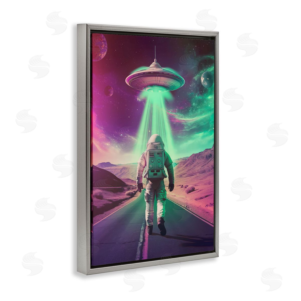 Astronaut Walking Toward UFO Grey Floating Frame Canvas Wall Art, Home Decor by Wumples