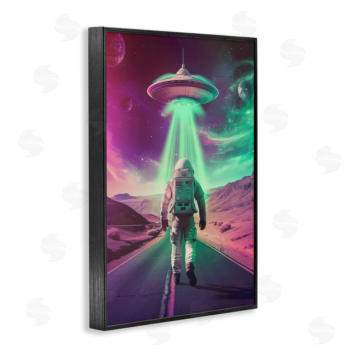 Astronaut Walking Toward UFO Black Frame Print Wall Art, Home Decor by Wumples