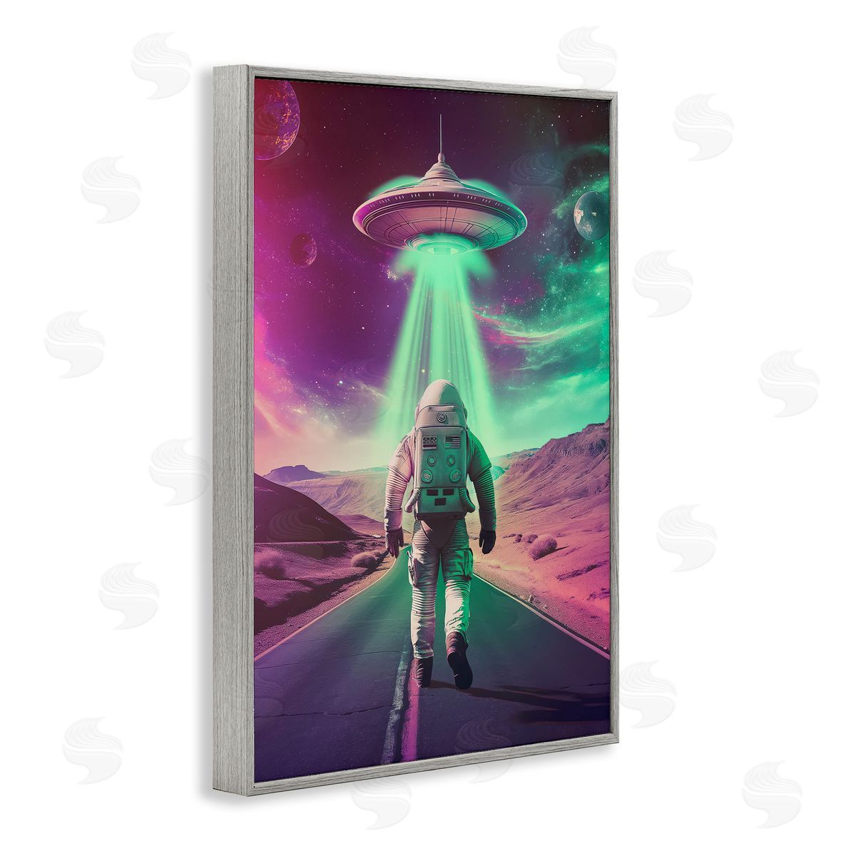 Astronaut Walking Toward UFO Grey Frame Print Wall Art, Home Decor by Wumples
