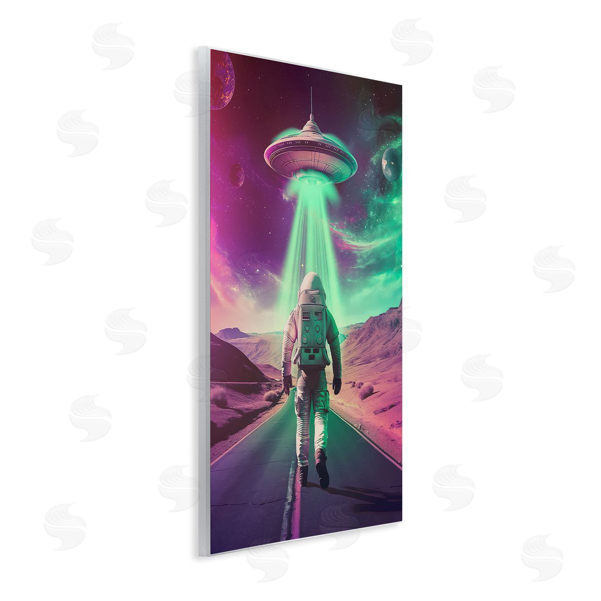 Astronaut Walking Toward UFO Wood Plaque Wall Art, Home Decor by Wumples