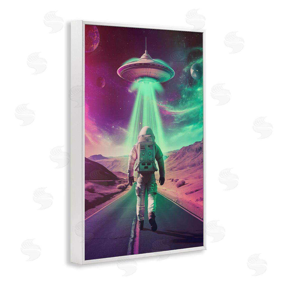 Astronaut Walking Toward UFO White Frame Print Wall Art, Home Decor by Wumples