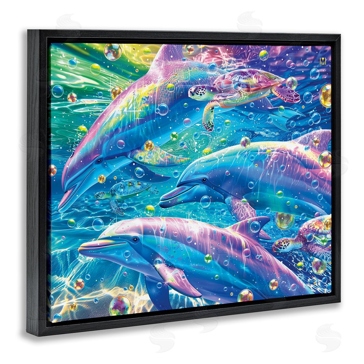 Chromatic Dolphins Trio Black Floating Frame Canvas Wall Art, Home Decor by Michael Ward