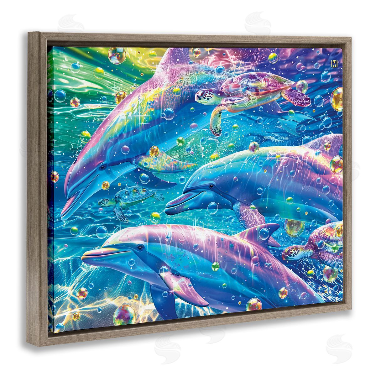 Chromatic Dolphins Trio Brown Floating Frame Canvas Wall Art, Home Decor by Michael Ward