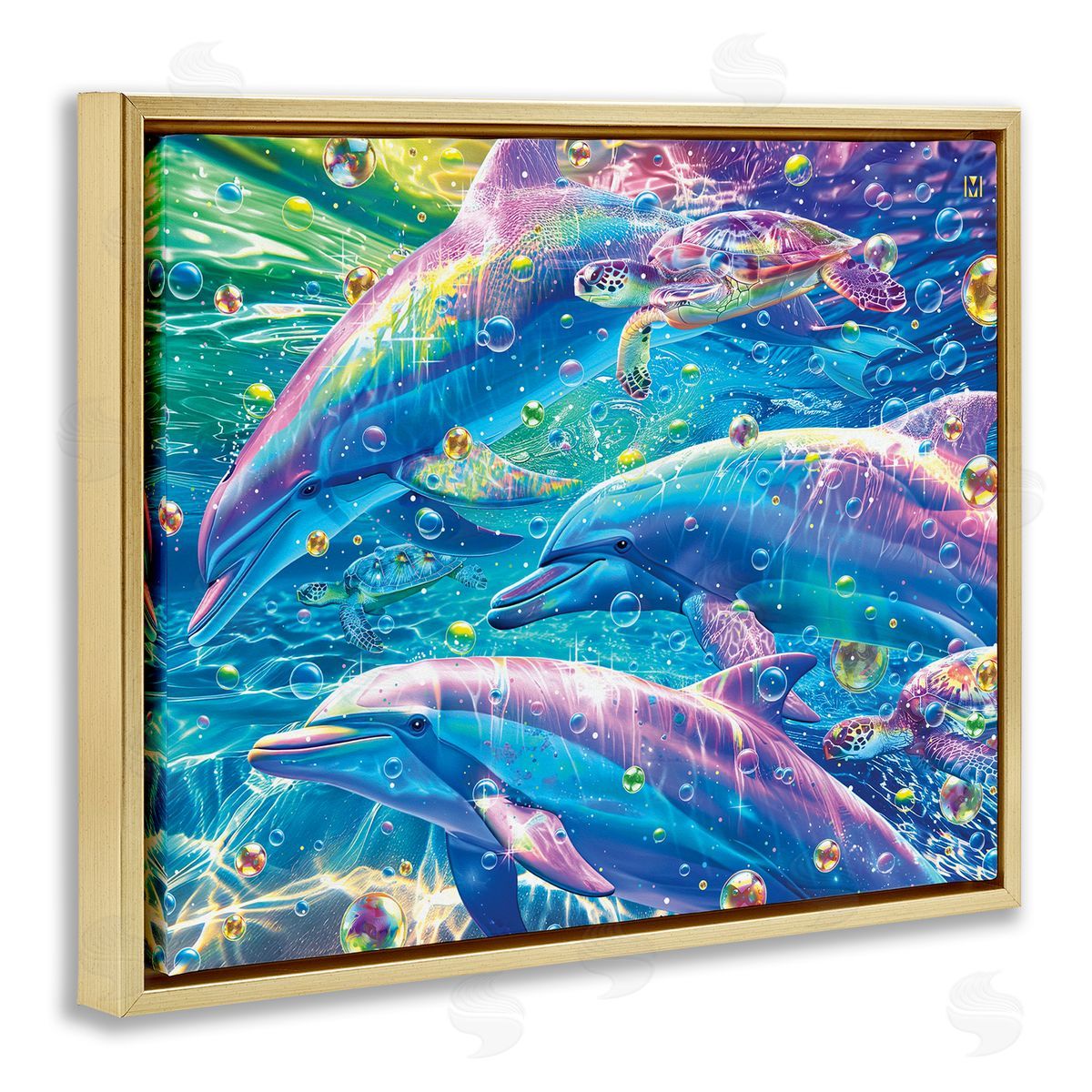 Chromatic Dolphins Trio Gold Floating Frame Canvas Wall Art, Home Decor by Michael Ward