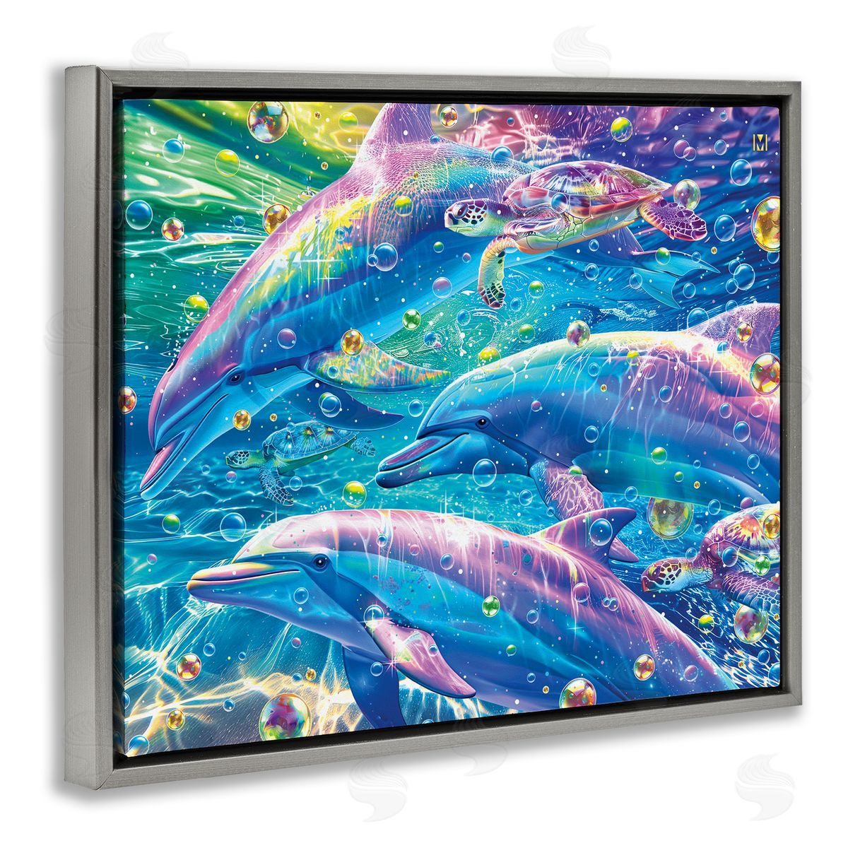 Chromatic Dolphins Trio Grey Floating Frame Canvas Wall Art, Home Decor by Michael Ward