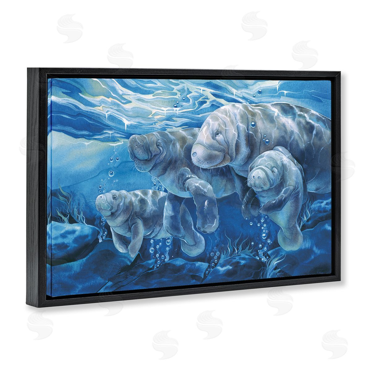 Underwater Manatee Family Black Floating Frame Canvas Wall Art, Home Decor by Jody Bergsma