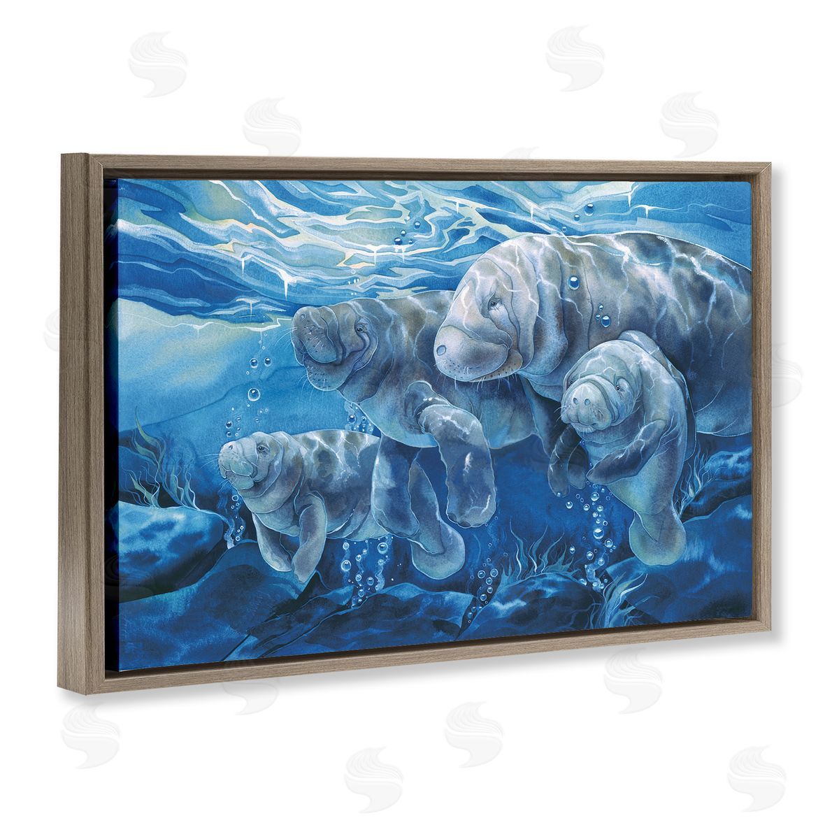 Underwater Manatee Family Brown Floating Frame Canvas Wall Art, Home Decor by Jody Bergsma