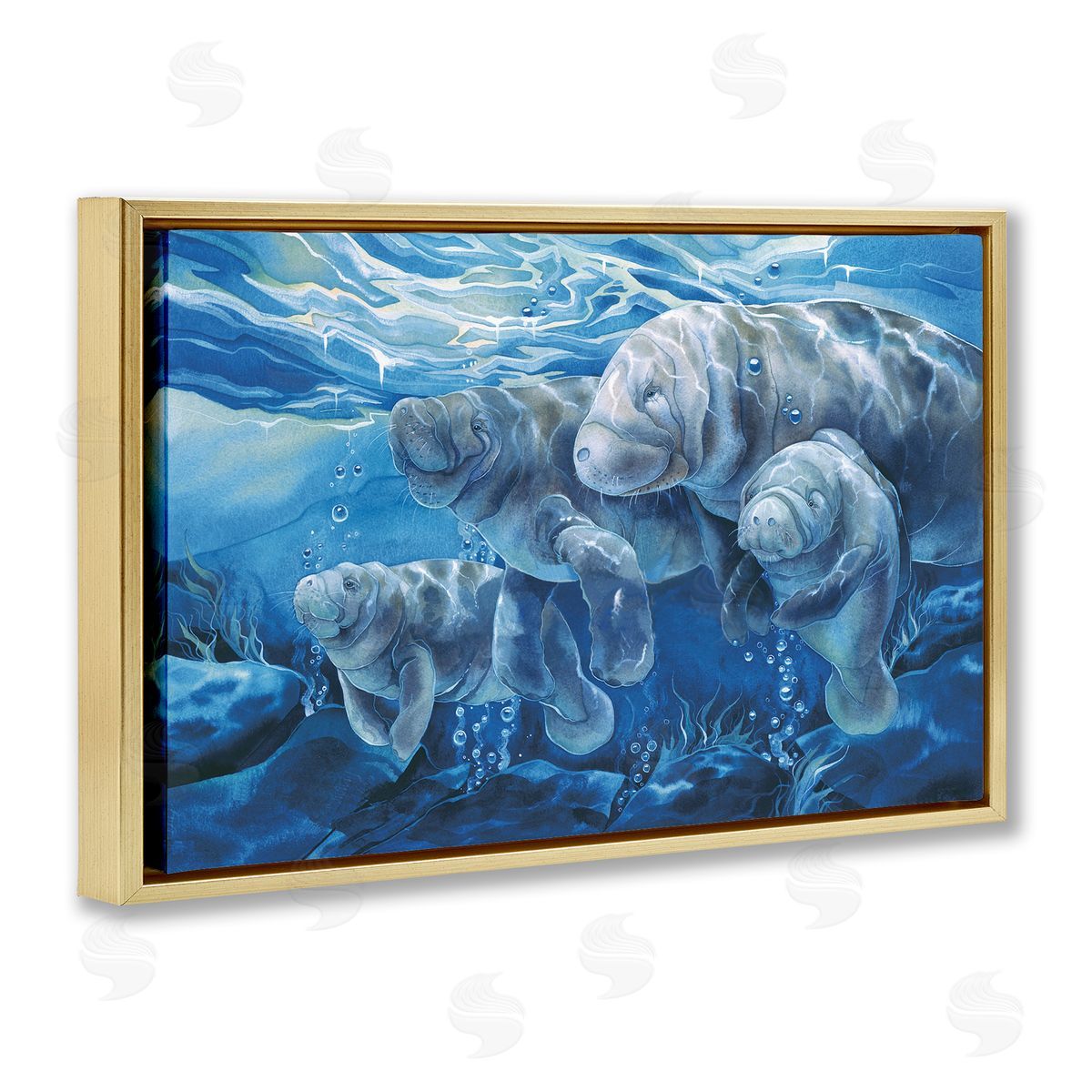 Underwater Manatee Family Gold Floating Frame Canvas Wall Art, Home Decor by Jody Bergsma