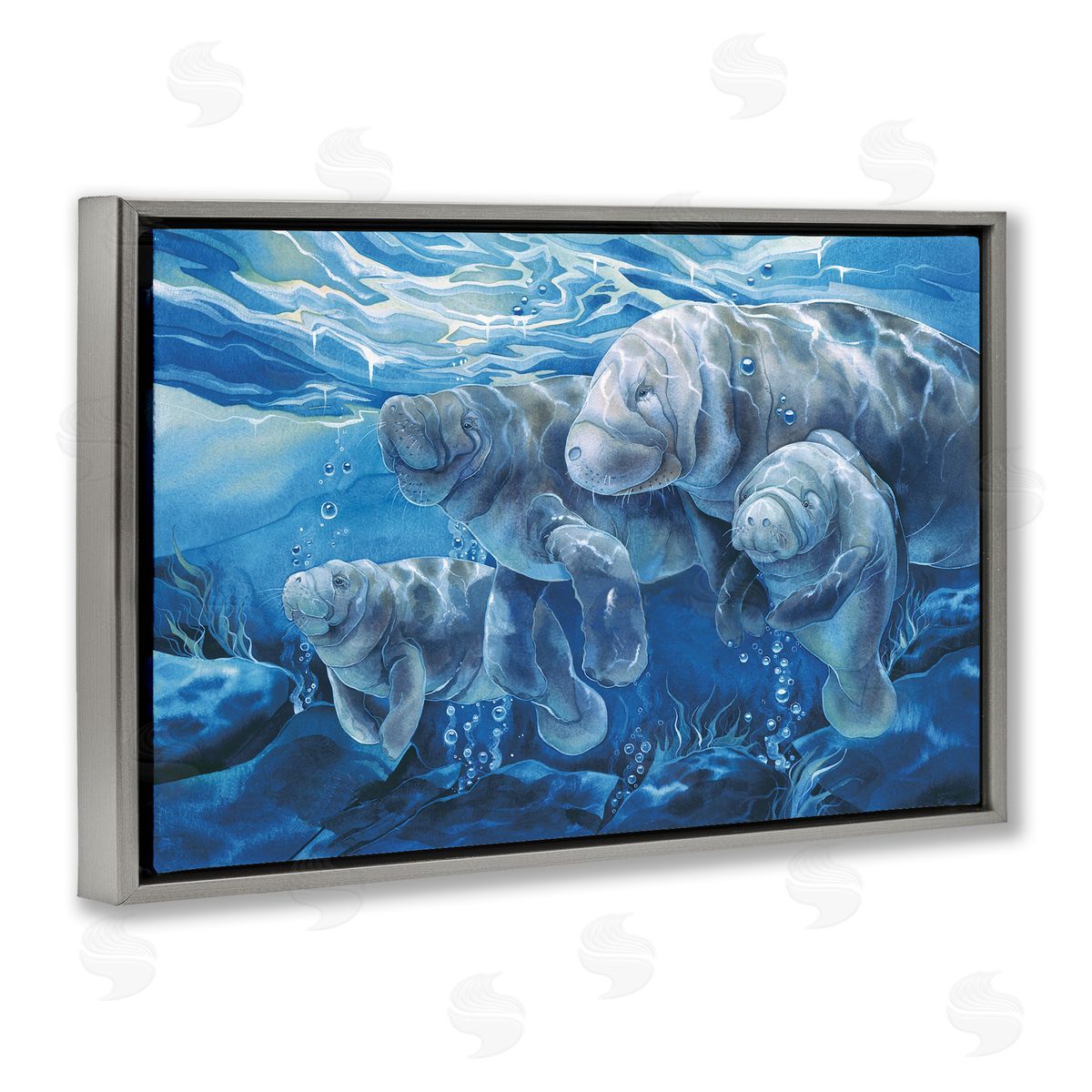 Underwater Manatee Family Grey Floating Frame Canvas Wall Art, Home Decor by Jody Bergsma