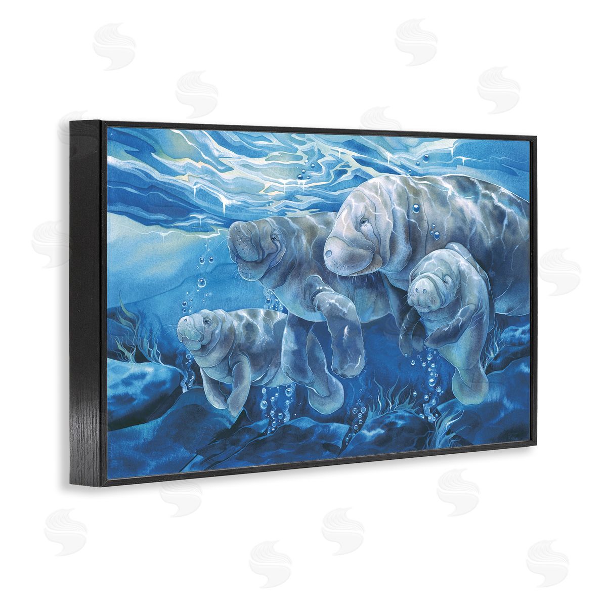 Underwater Manatee Family Black Frame Print Wall Art, Home Decor by Jody Bergsma