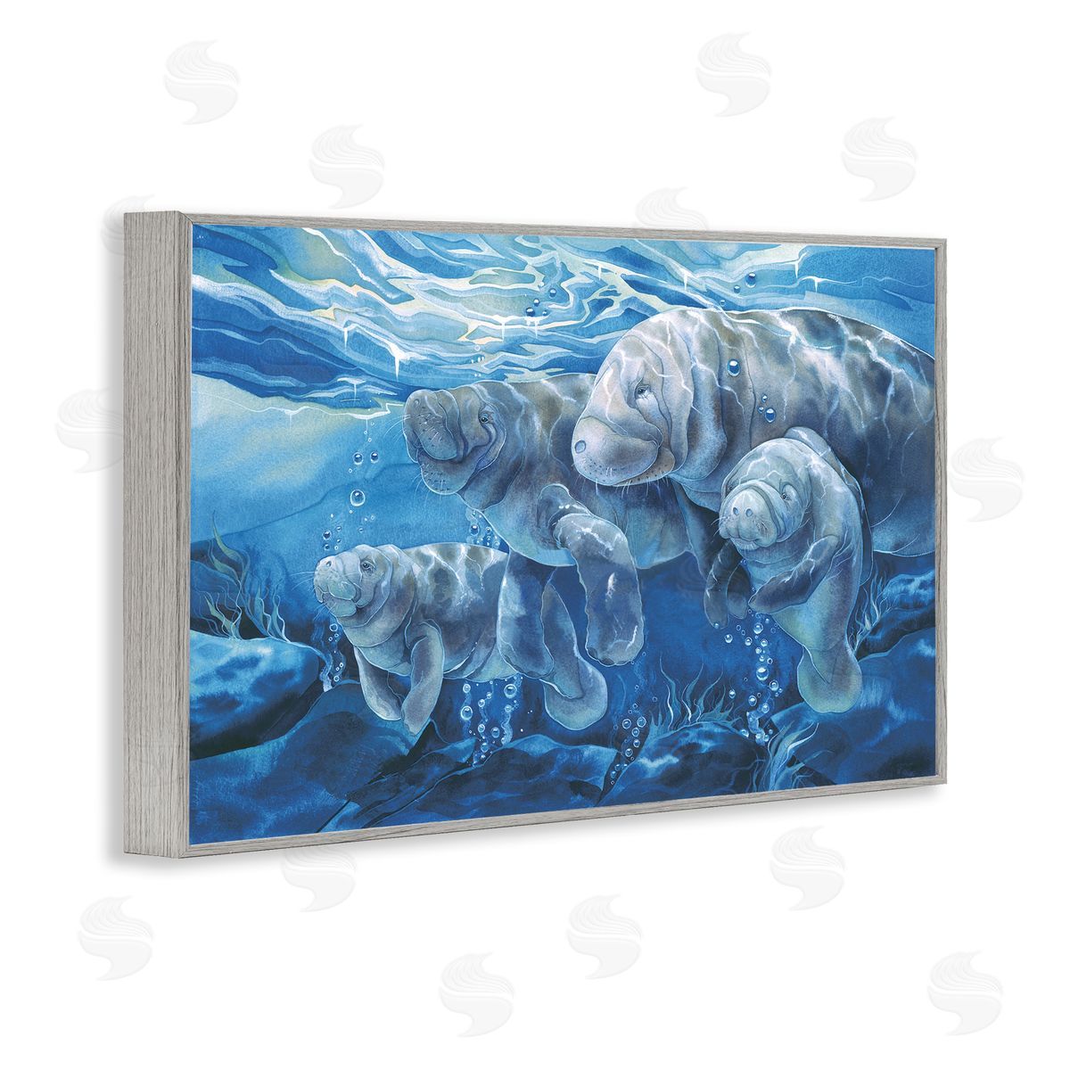Underwater Manatee Family Grey Frame Print Wall Art, Home Decor by Jody Bergsma