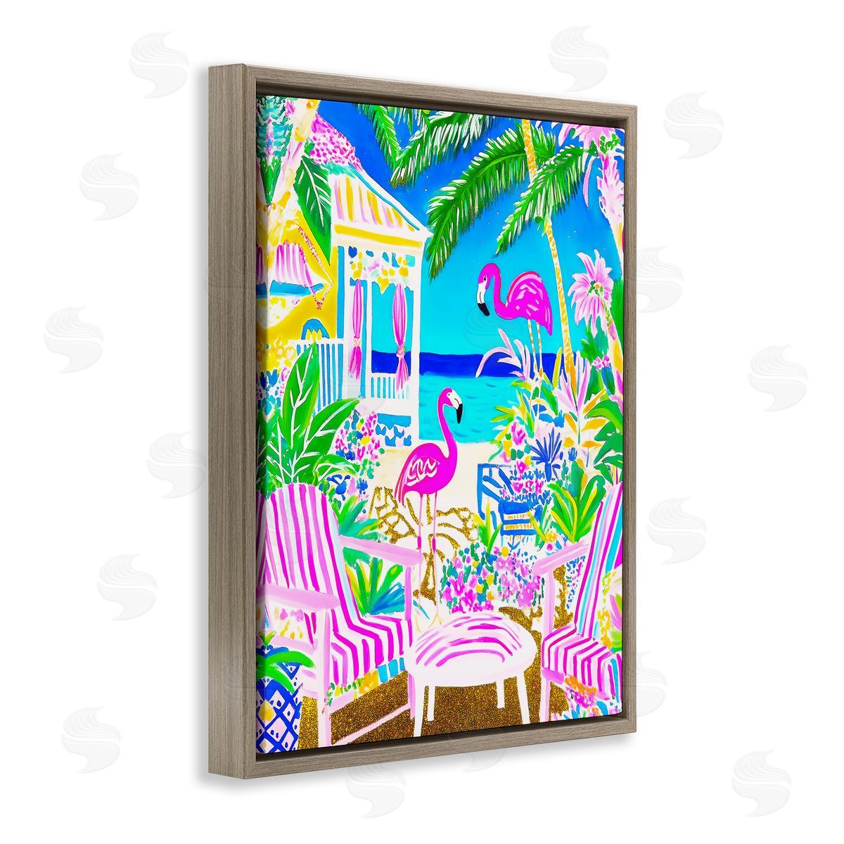 Vivid Flamingos on Tropical Beach Brown Floating Frame Canvas Wall Art, Home Decor by Jess Stempel