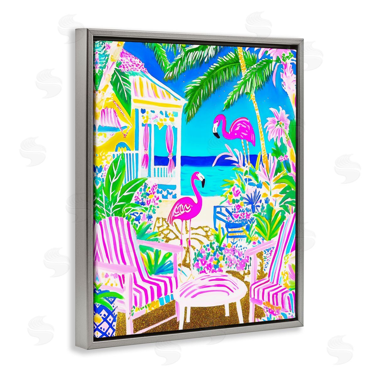 Vivid Flamingos on Tropical Beach Grey Floating Frame Canvas Wall Art, Home Decor by Jess Stempel