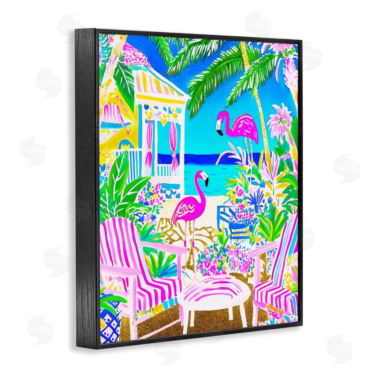 Vivid Flamingos on Tropical Beach Black Frame Print Wall Art, Home Decor by Jess Stempel