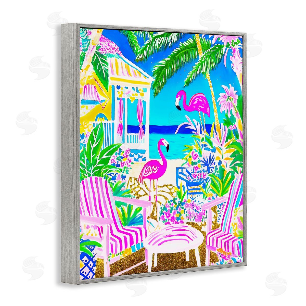 Vivid Flamingos on Tropical Beach Grey Frame Print Wall Art, Home Decor by Jess Stempel