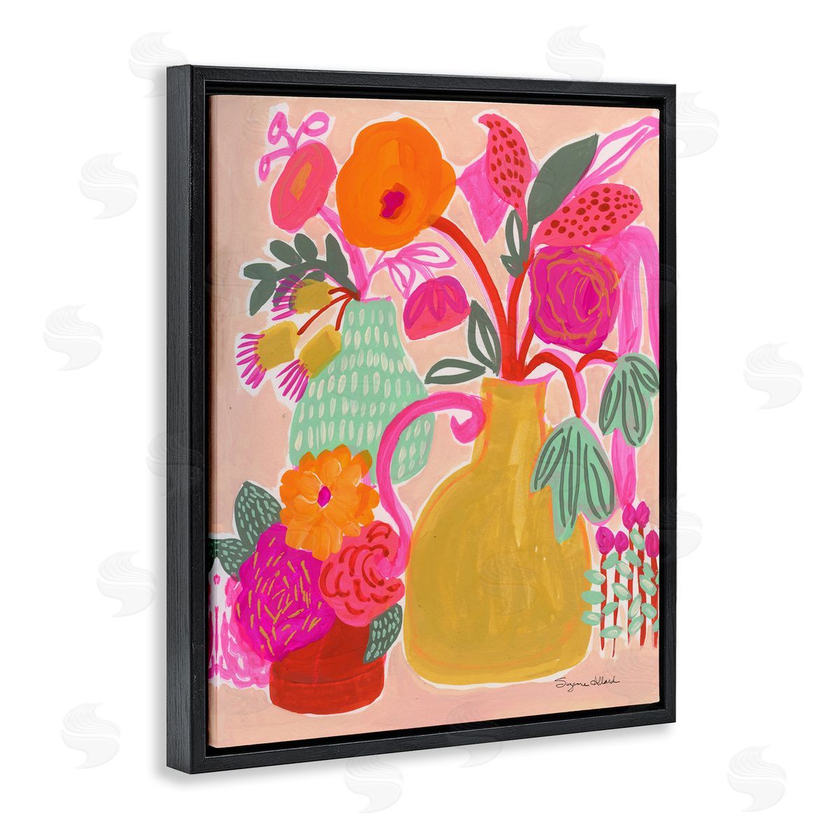 Bright Pink & Yellow Bouquet Black Floating Frame Canvas Wall Art, Home Decor by Suzanne Allard