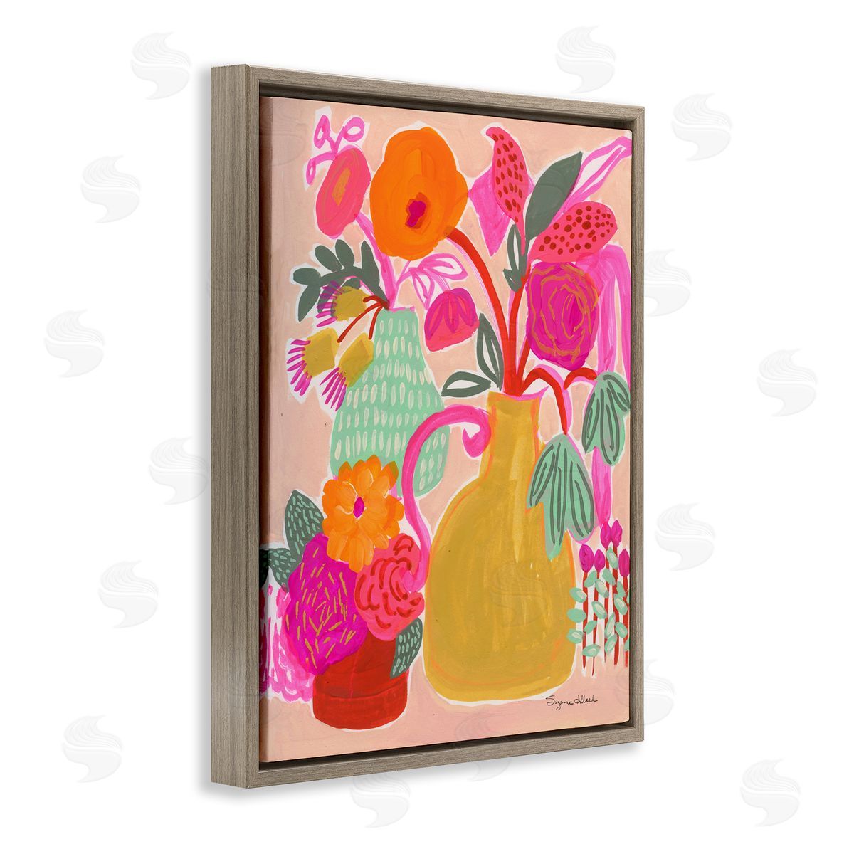 Bright Pink & Yellow Bouquet Brown Floating Frame Canvas Wall Art, Home Decor by Suzanne Allard