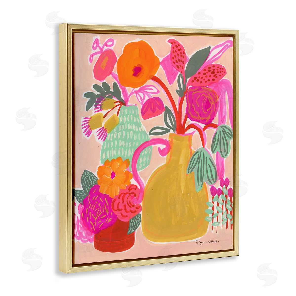 Bright Pink & Yellow Bouquet Gold Floating Frame Canvas Wall Art, Home Decor by Suzanne Allard