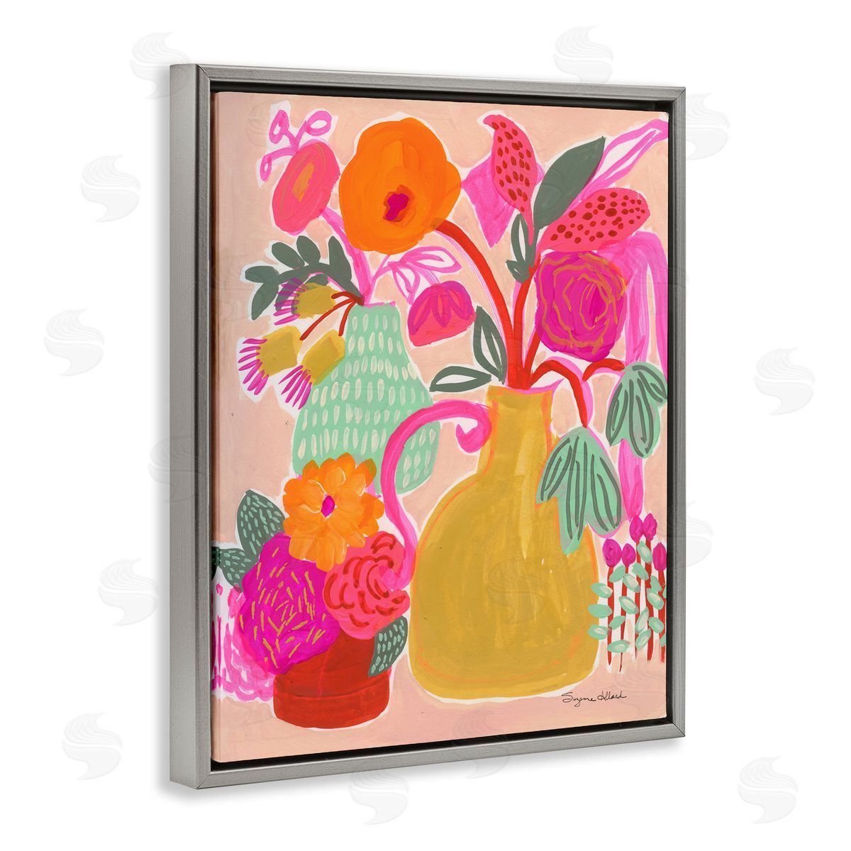 Bright Pink & Yellow Bouquet Grey Floating Frame Canvas Wall Art, Home Decor by Suzanne Allard