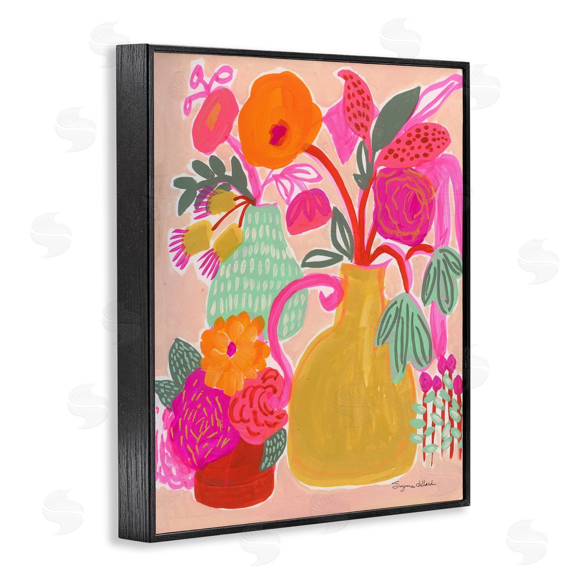 Bright Pink & Yellow Bouquet Black Frame Print Wall Art, Home Decor by Suzanne Allard