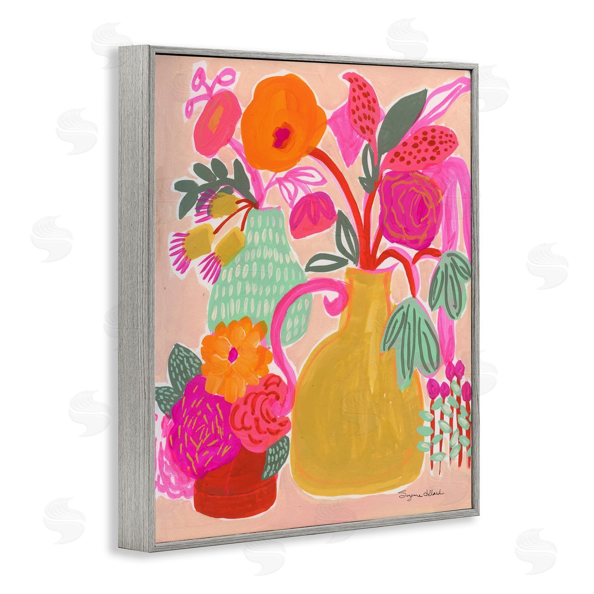 Bright Pink & Yellow Bouquet Grey Frame Print Wall Art, Home Decor by Suzanne Allard