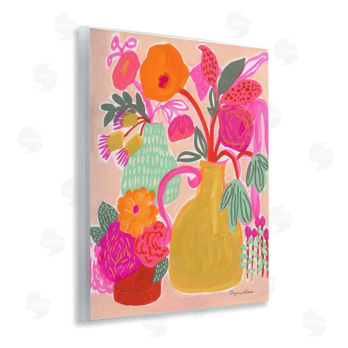 Bright Pink & Yellow Bouquet Wood Plaque Wall Art, Home Decor by Suzanne Allard