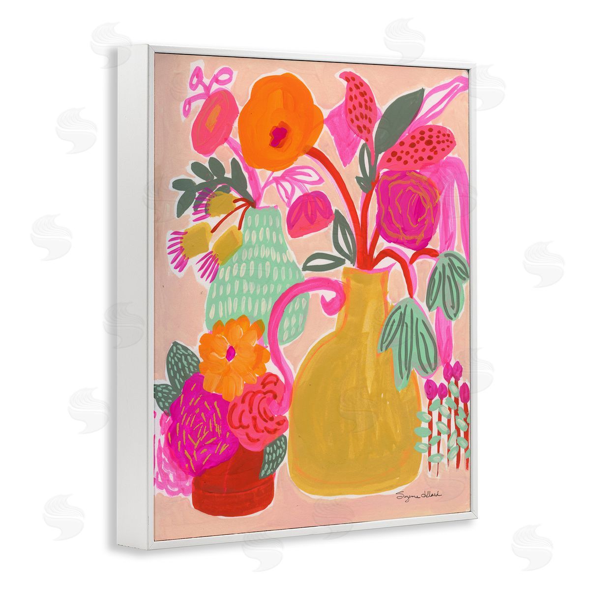 Bright Pink & Yellow Bouquet White Frame Print Wall Art, Home Decor by Suzanne Allard