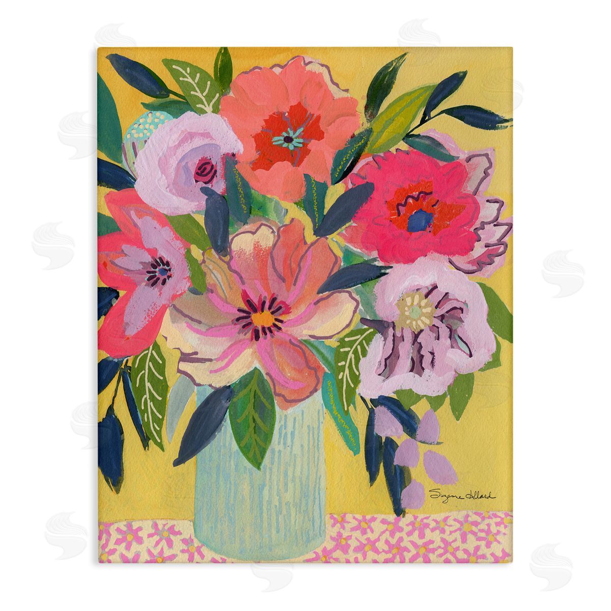 Vibrant Pink Bouquet on Yellow Canvas Wall Art, Home Decor by Suzanne Allard