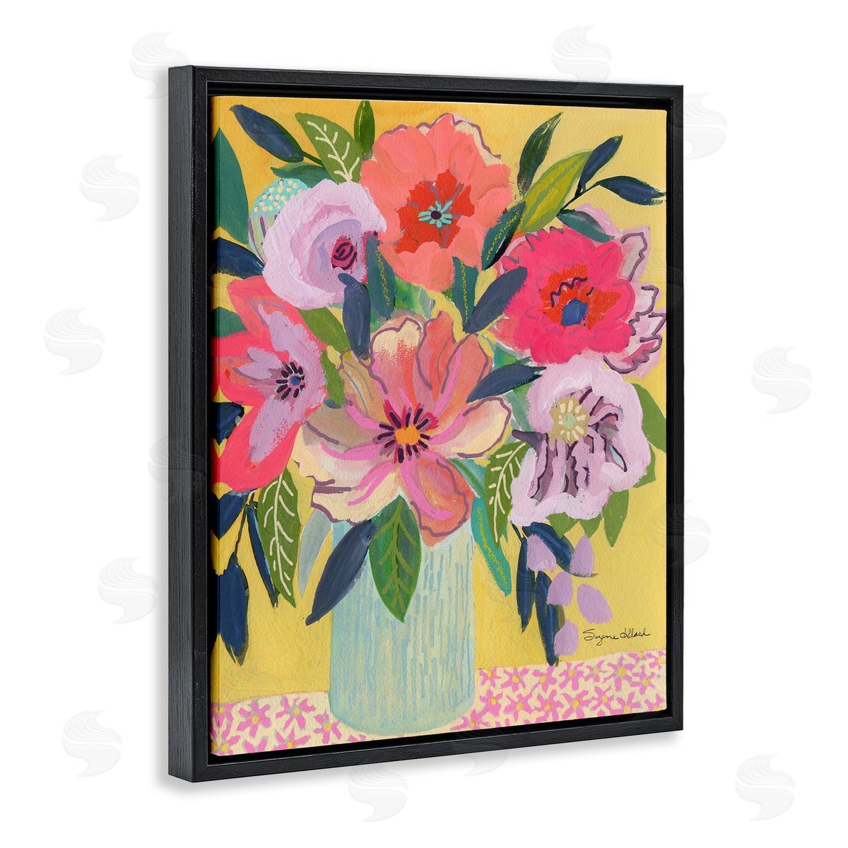 Vibrant Pink Bouquet on Yellow Black Floating Frame Canvas Wall Art, Home Decor by Suzanne Allard