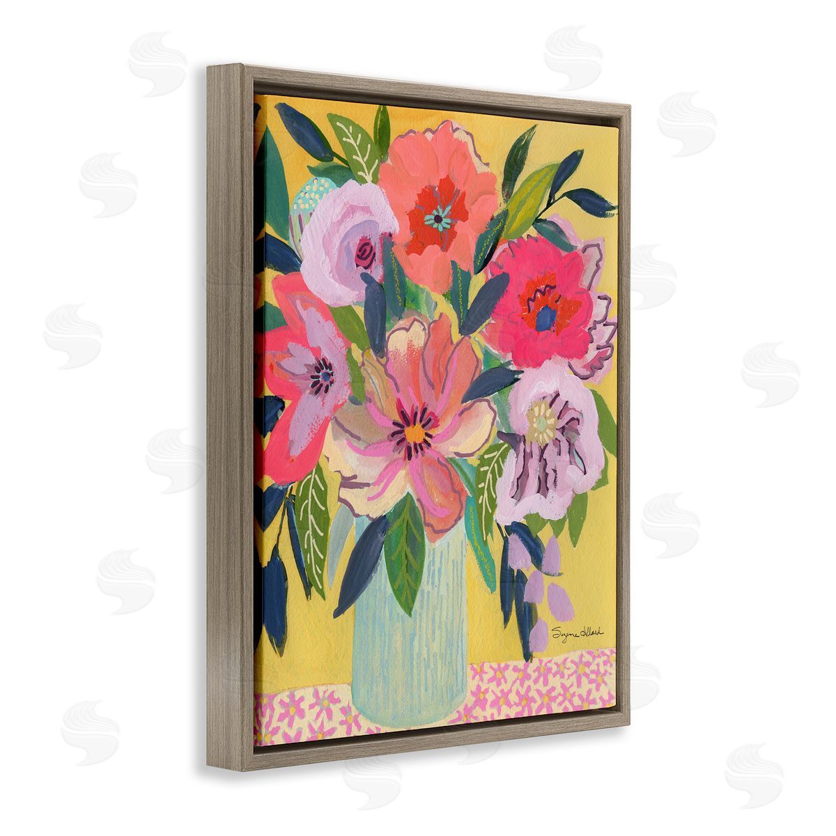 Vibrant Pink Bouquet on Yellow Brown Floating Frame Canvas Wall Art, Home Decor by Suzanne Allard