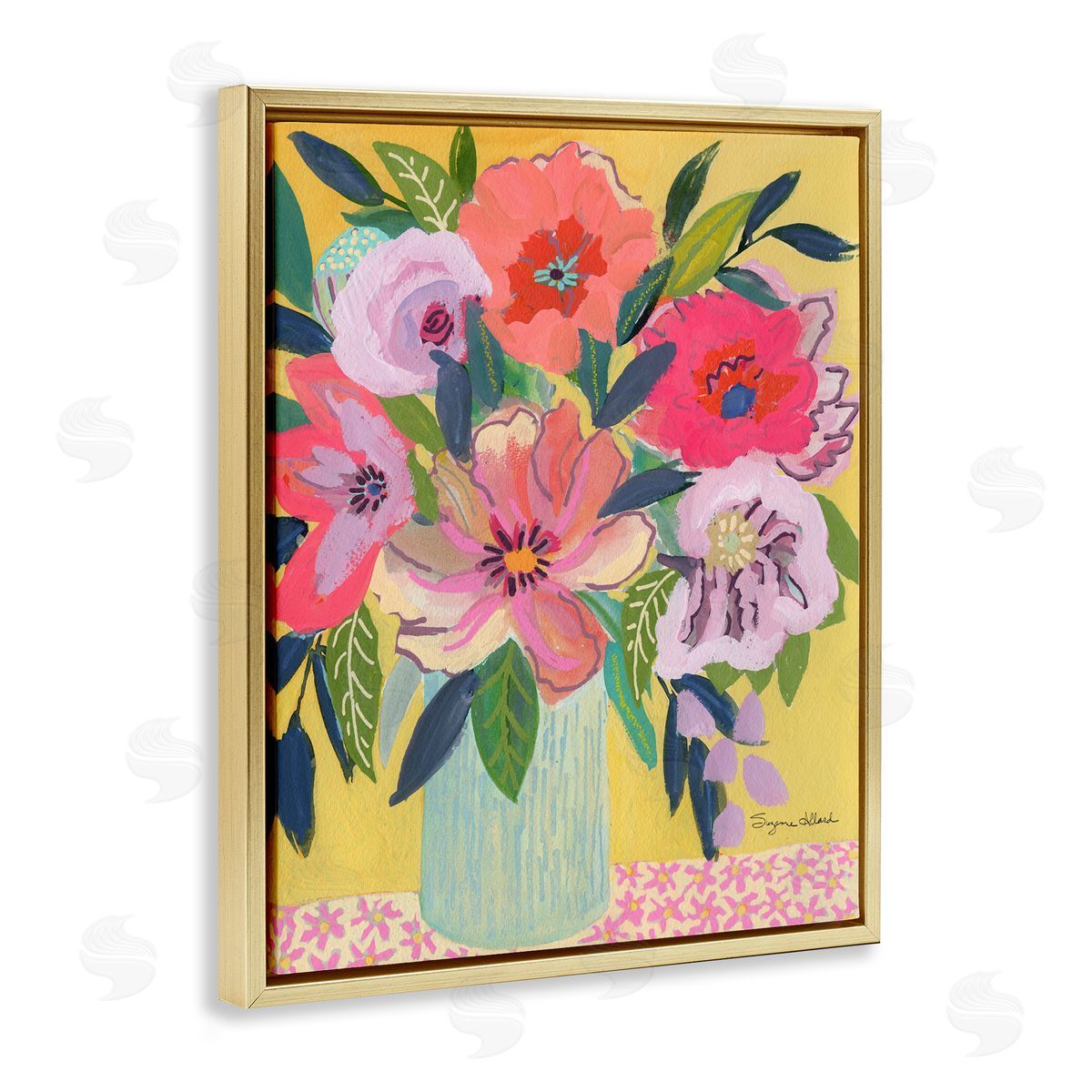 Vibrant Pink Bouquet on Yellow Gold Floating Frame Canvas Wall Art, Home Decor by Suzanne Allard