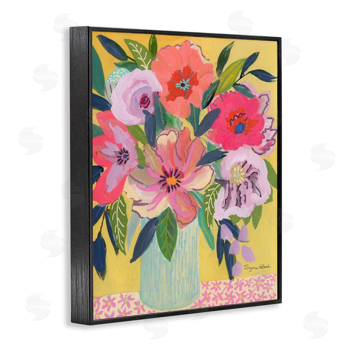Vibrant Pink Bouquet on Yellow Black Frame Print Wall Art, Home Decor by Suzanne Allard