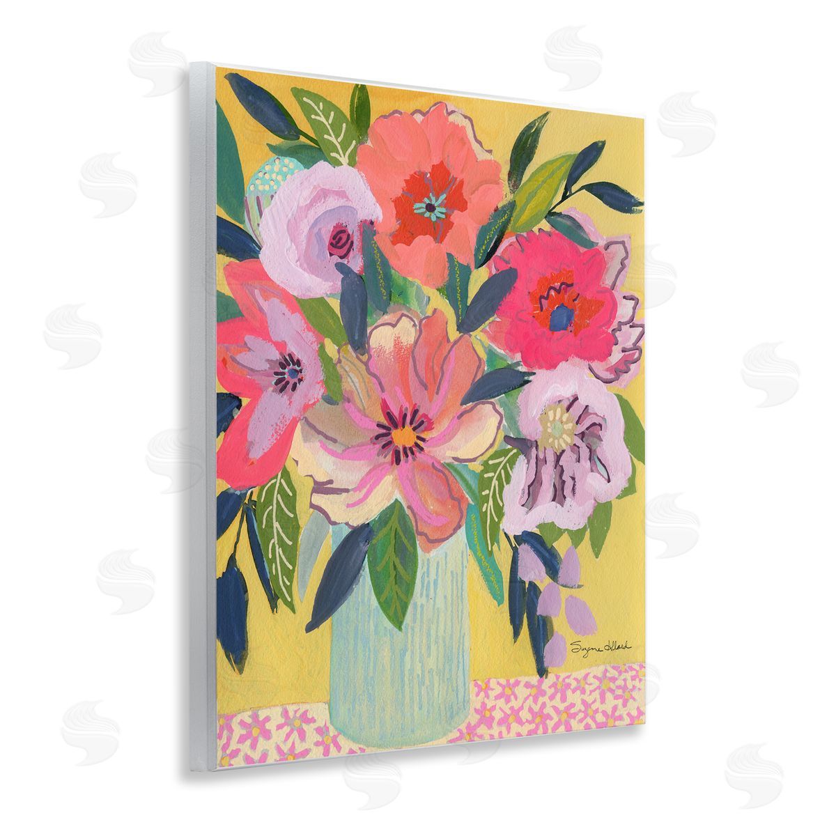 Vibrant Pink Bouquet on Yellow Wood Plaque Wall Art, Home Decor by Suzanne Allard