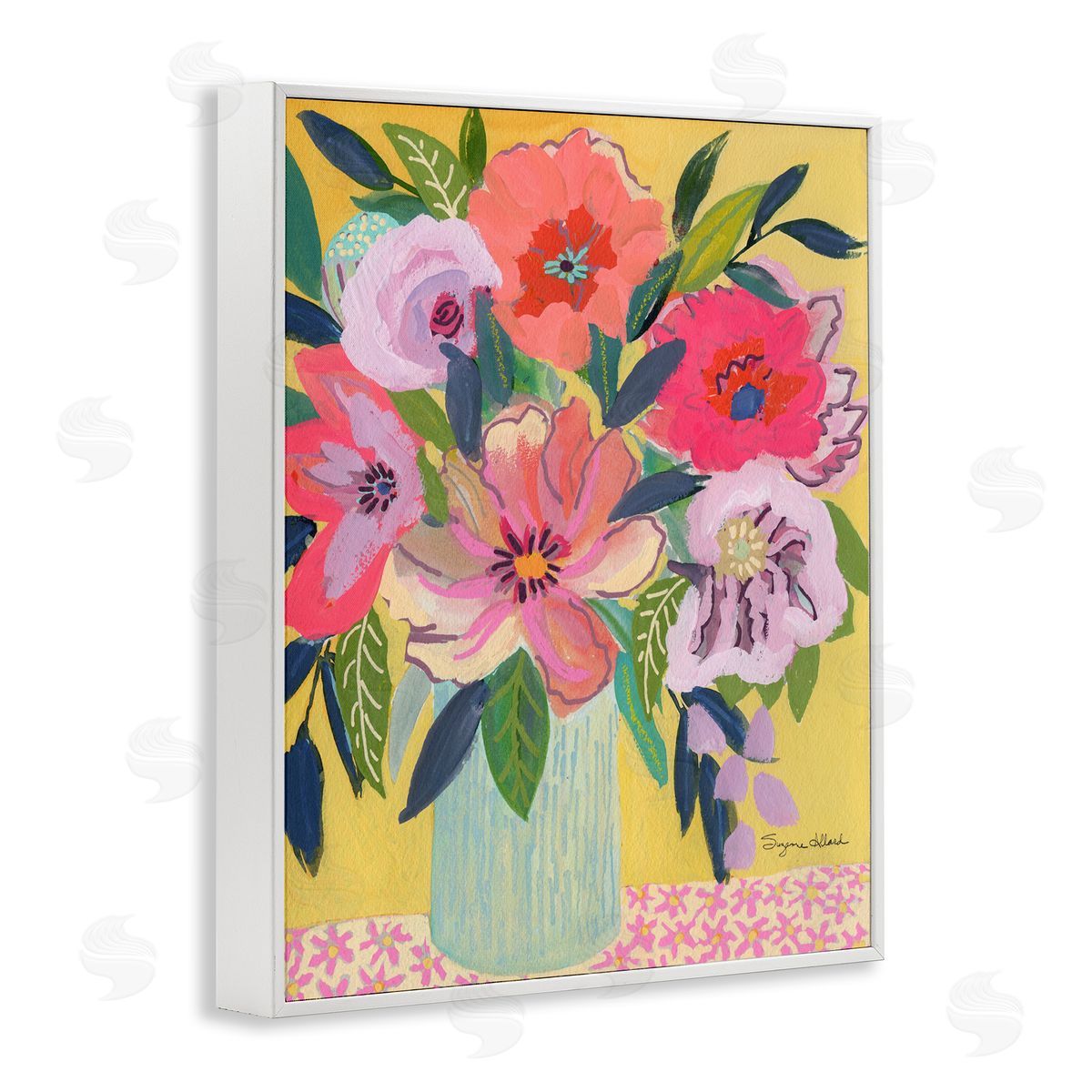 Vibrant Pink Bouquet on Yellow White Frame Print Wall Art, Home Decor by Suzanne Allard