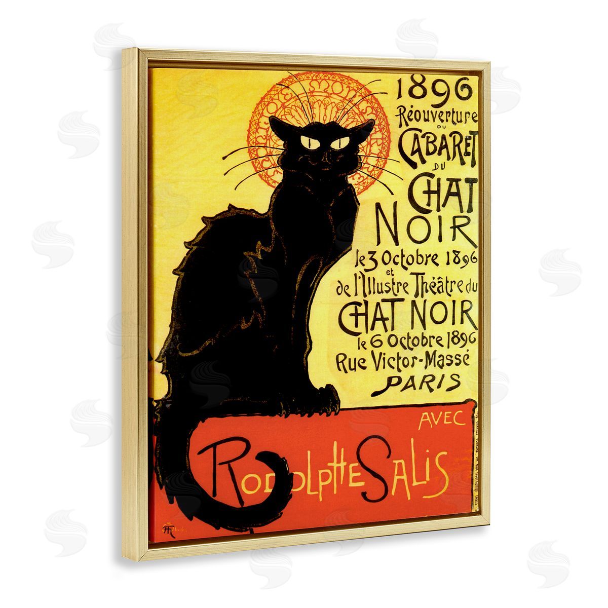 Vintage Halloween Black Cat Gold Floating Frame Canvas Wall Art, Home Decor by Marcus Jules