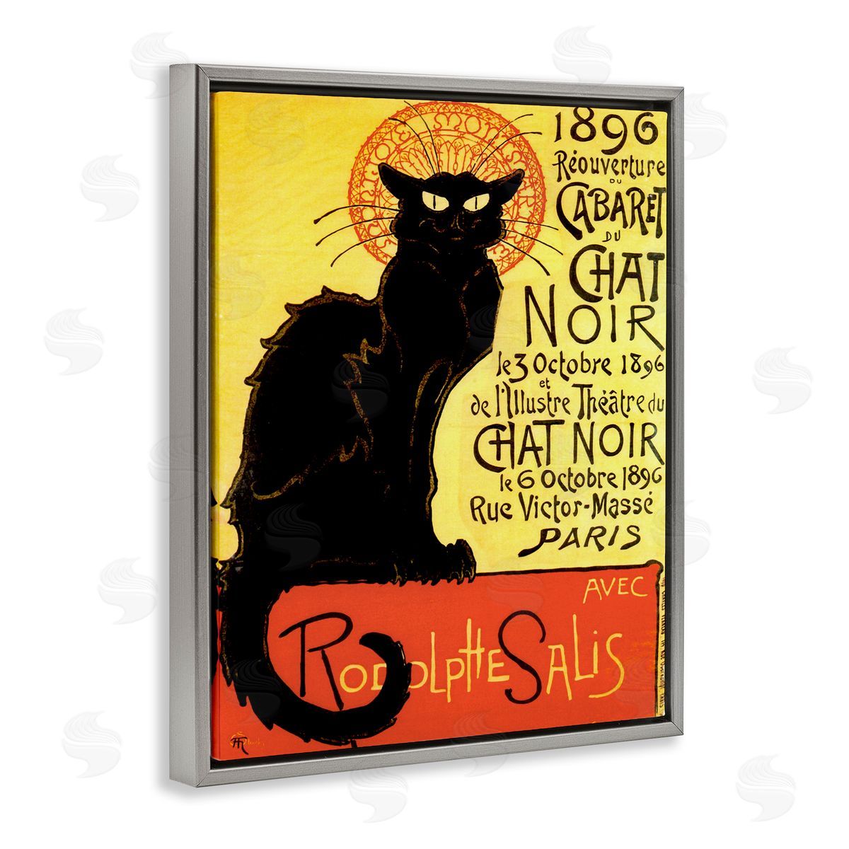 Vintage Halloween Black Cat Grey Floating Frame Canvas Wall Art, Home Decor by Marcus Jules