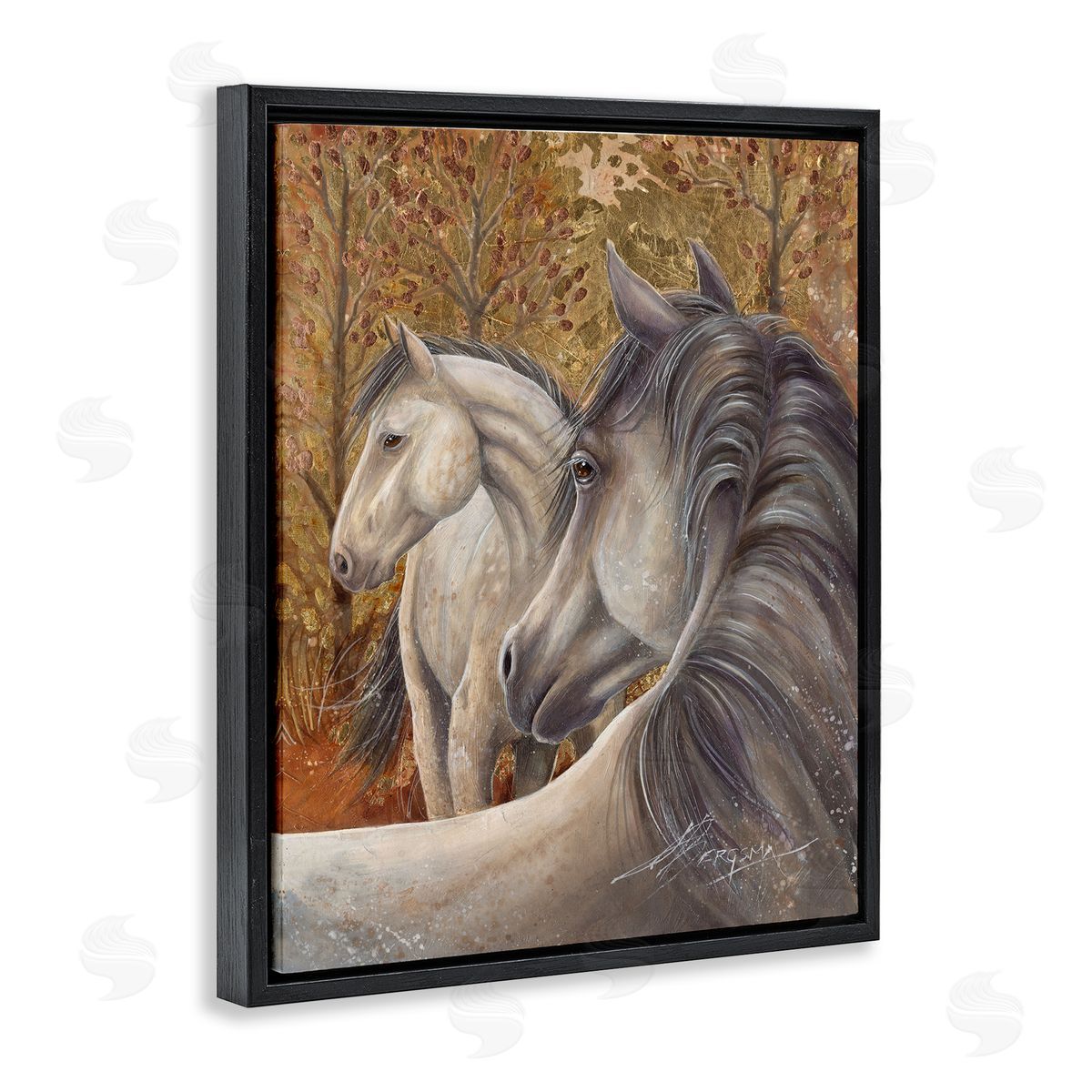 Horses in Autumnal Forest Black Floating Frame Canvas Wall Art, Home Decor by Jody Bergsma