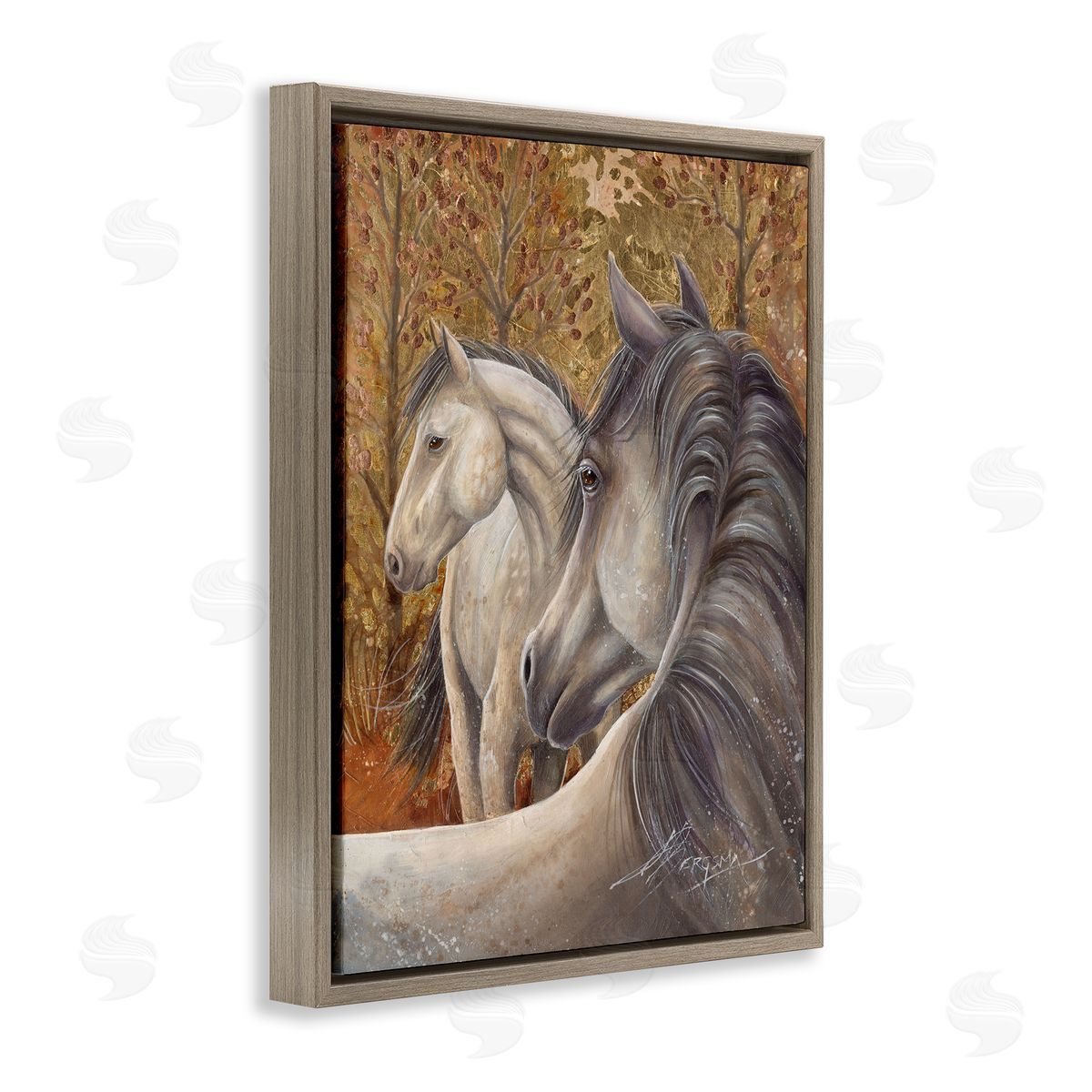 Horses in Autumnal Forest Brown Floating Frame Canvas Wall Art, Home Decor by Jody Bergsma