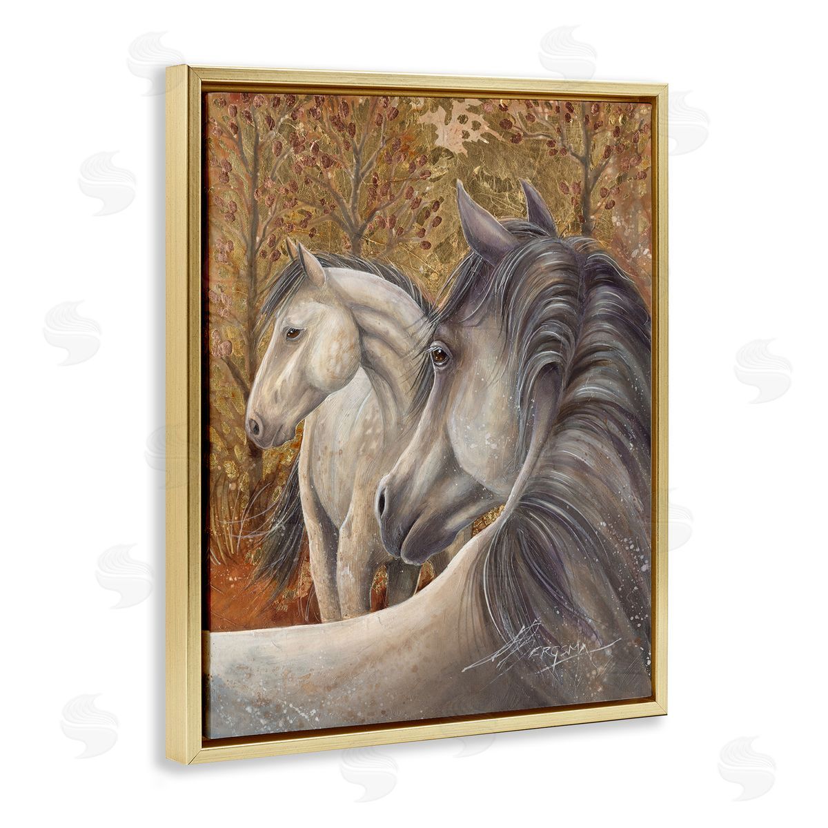 Horses in Autumnal Forest Gold Floating Frame Canvas Wall Art, Home Decor by Jody Bergsma