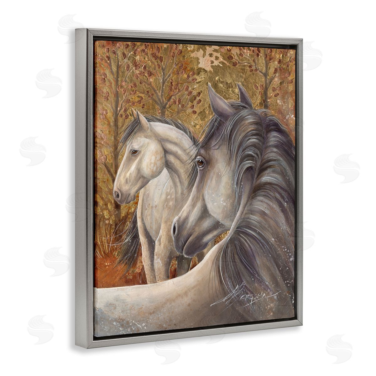Horses in Autumnal Forest Grey Floating Frame Canvas Wall Art, Home Decor by Jody Bergsma