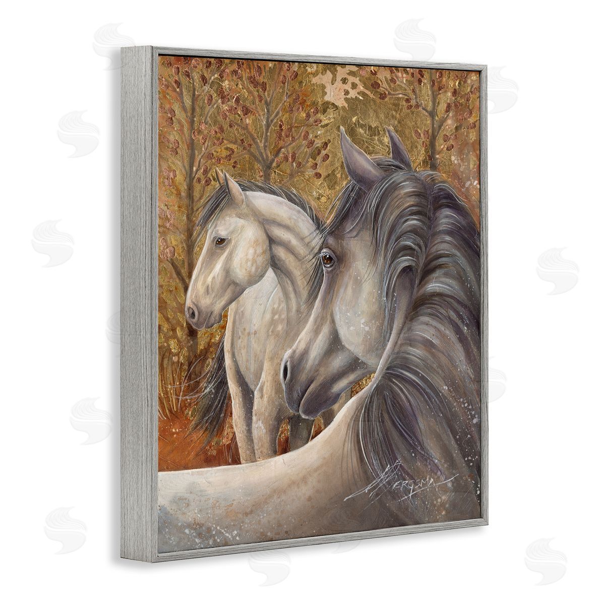 Horses in Autumnal Forest Grey Frame Print Wall Art, Home Decor by Jody Bergsma