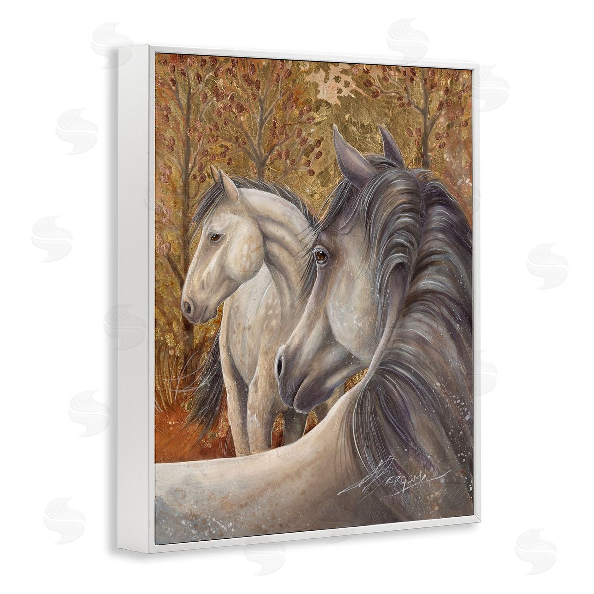 Horses in Autumnal Forest White Frame Print Wall Art, Home Decor by Jody Bergsma