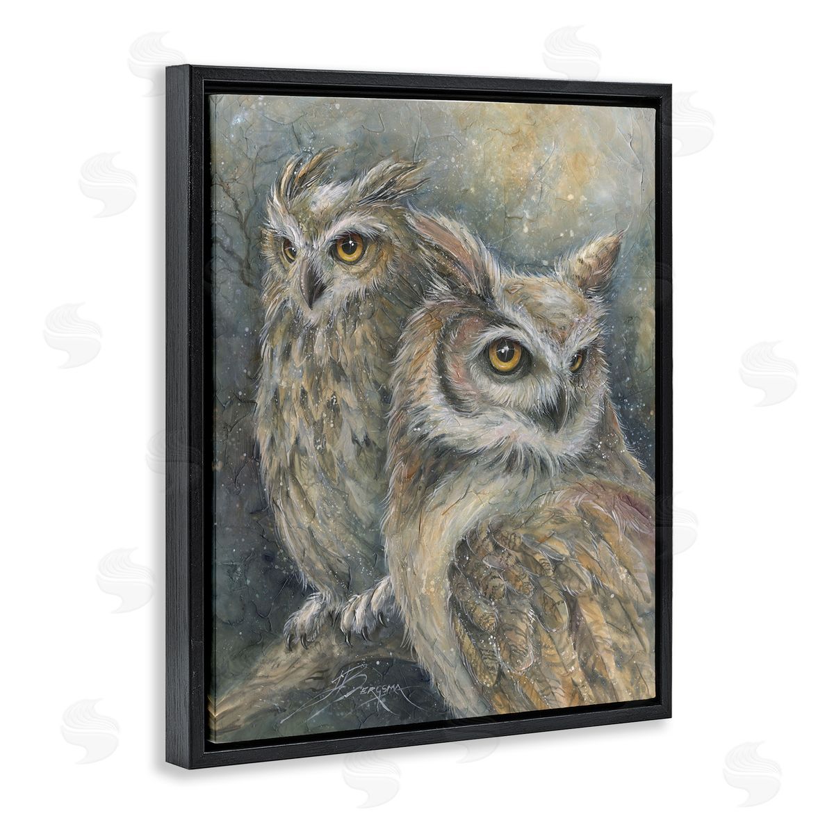 Neutral Feathered Owl Pair Black Floating Frame Canvas Wall Art, Home Decor by Jody Bergsma