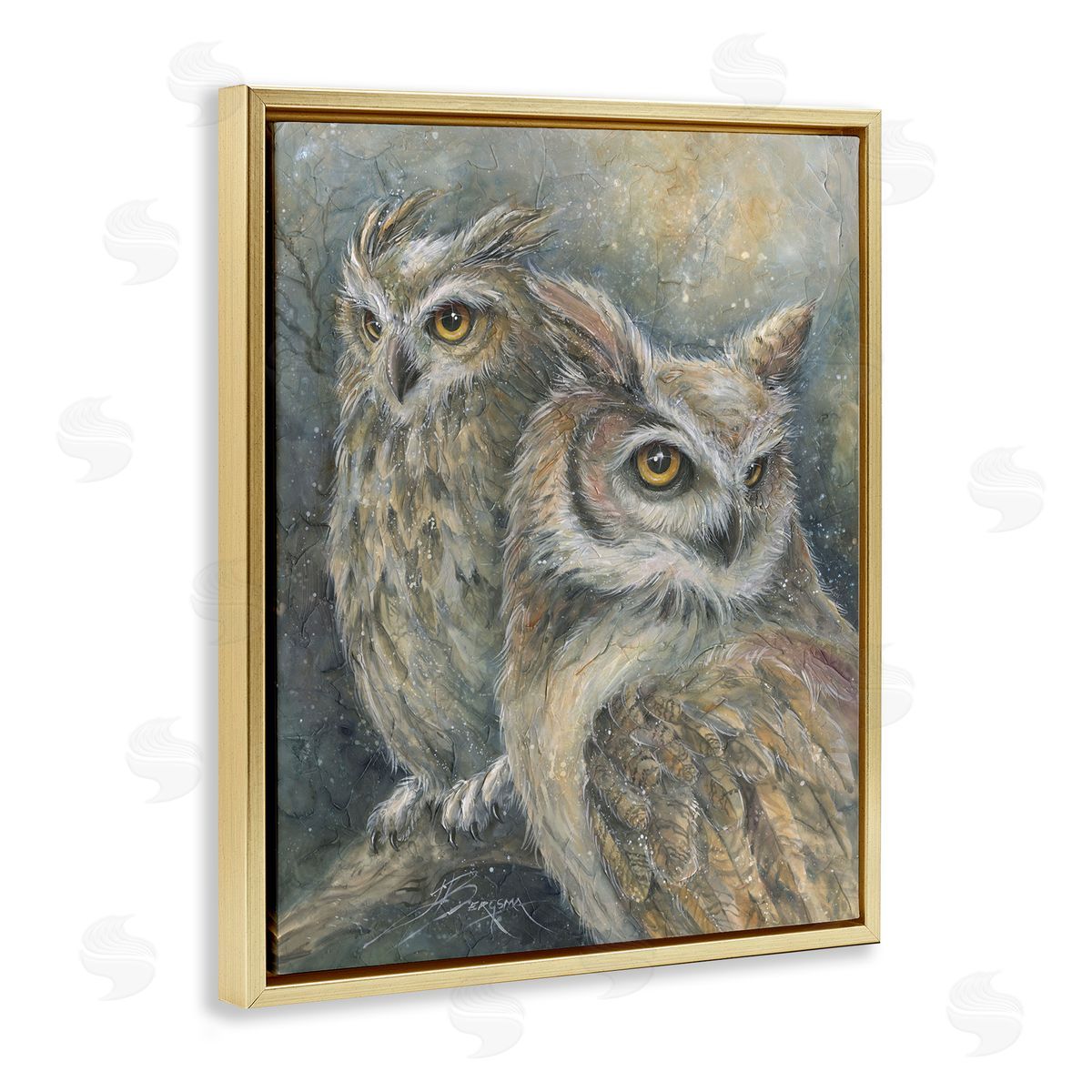 Neutral Feathered Owl Pair Gold Floating Frame Canvas Wall Art, Home Decor by Jody Bergsma